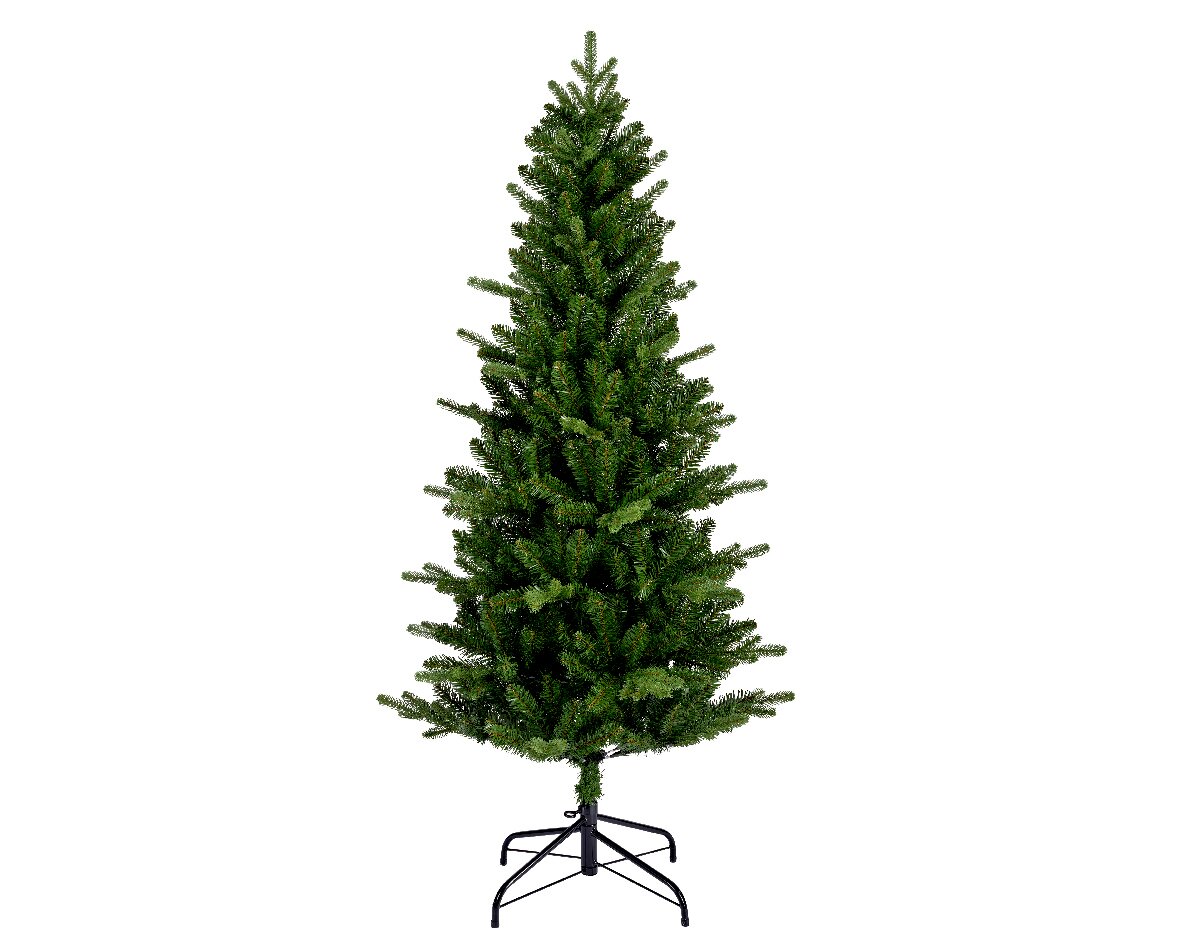 Künstlicher Weihnachtsbaum in Tannenform, frontal fotografiert, mit stabilem Metallständer.