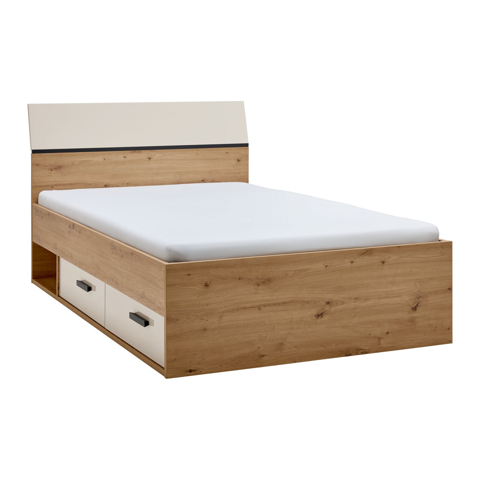 Holzbett mit weißem Kopfteil und integrierten Schubladen, seitliche Perspektive