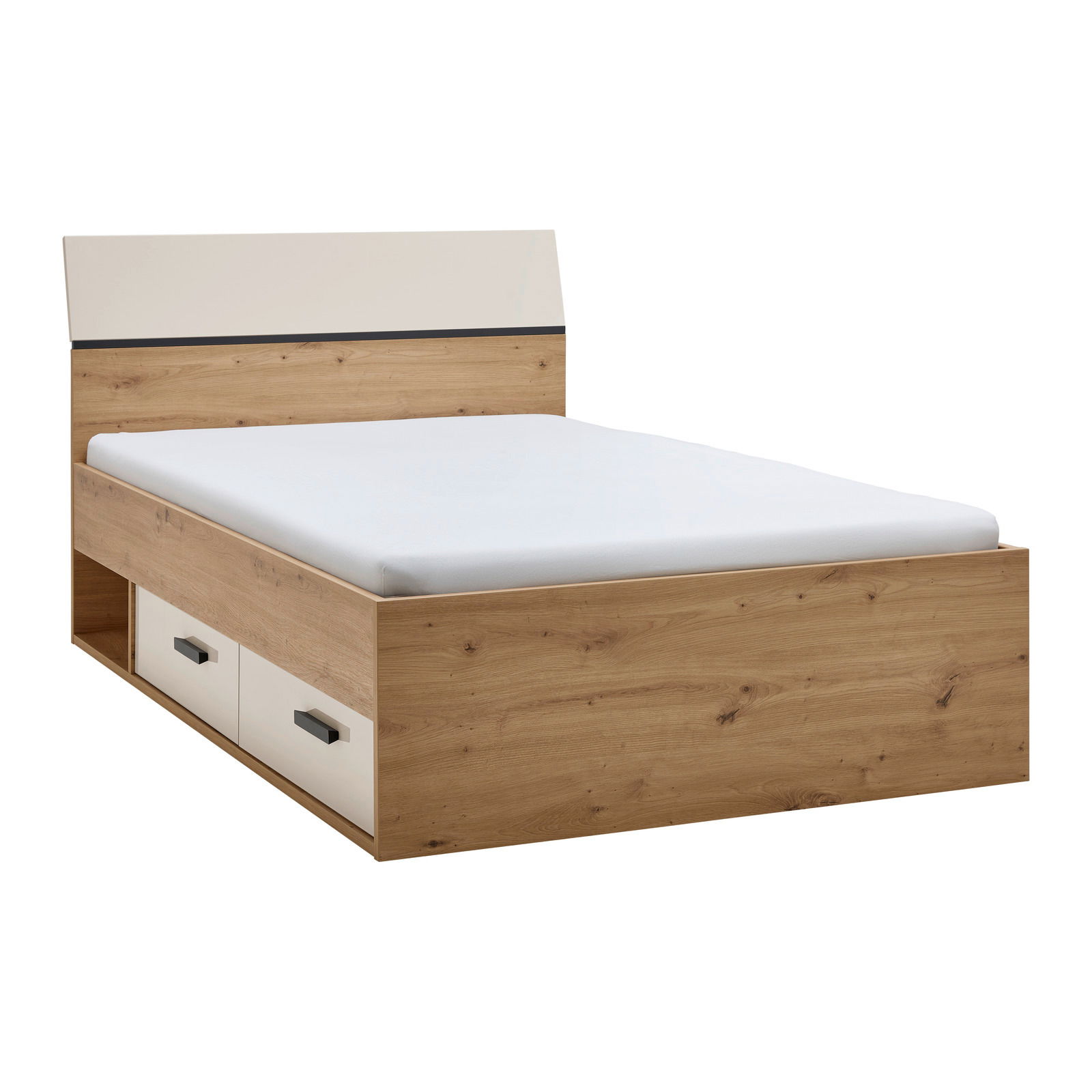 Holzbett mit weißem Kopfteil und integrierten Schubladen, seitliche Perspektive