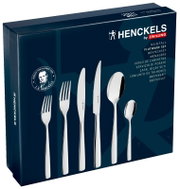 HENCKELS by ZWILLING Rainfall Flatware Set – dunkelblaue Verpackungsbox mit abgebildetem Besteck (Gabeln, Messer, Löffel), perspektivische Ansicht schräg von vorn