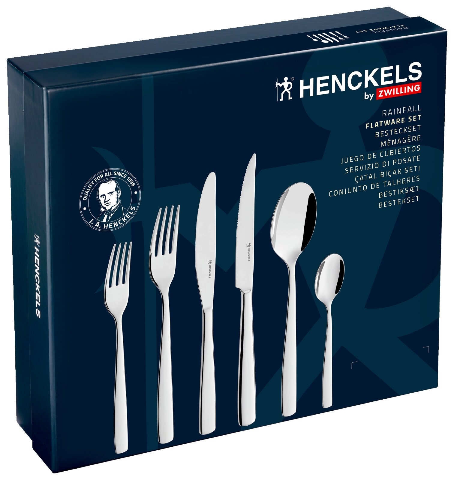 HENCKELS by ZWILLING Rainfall Flatware Set – dunkelblaue Verpackungsbox mit abgebildetem Besteck (Gabeln, Messer, Löffel), perspektivische Ansicht schräg von vorn