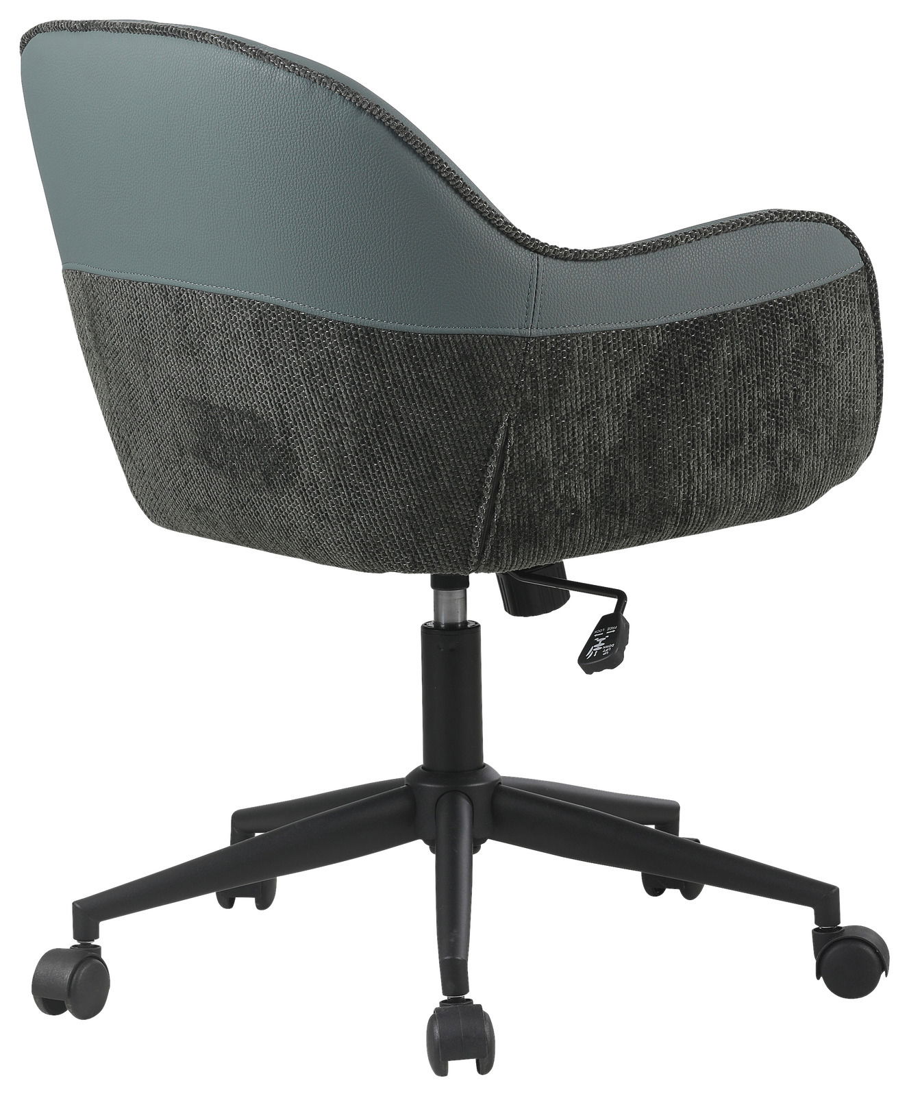 Rückansicht eines modernen Drehstuhls mit gepolstertem Sitz und Rückenlehne in zwei verschiedenen Stoffen, auf einem schwarzen, rollbaren Fußkreuz.