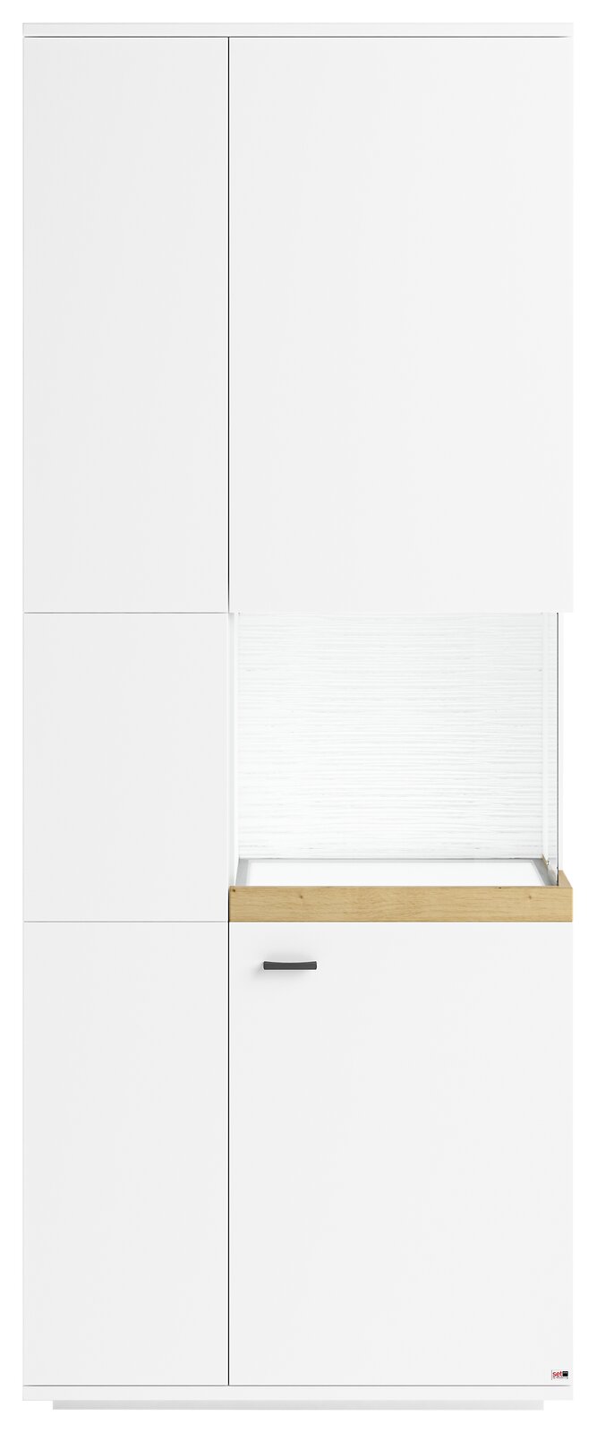 Vitrine mit Glasausschnitt rechts, weiße Fronten, Holzleiste, Frontalansicht
