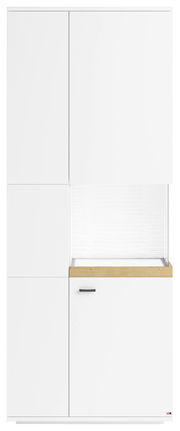 Vitrine mit Glasausschnitt rechts, weiße Fronten, Holzleiste, Frontalansicht