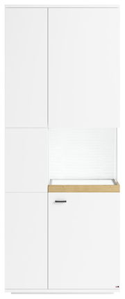 Vitrine mit Glasausschnitt rechts, weiße Fronten, Holzleiste, Frontalansicht