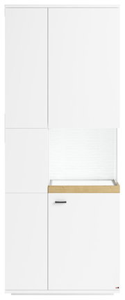 Vitrine mit Glasausschnitt rechts, weiße Fronten, Holzleiste, Frontalansicht