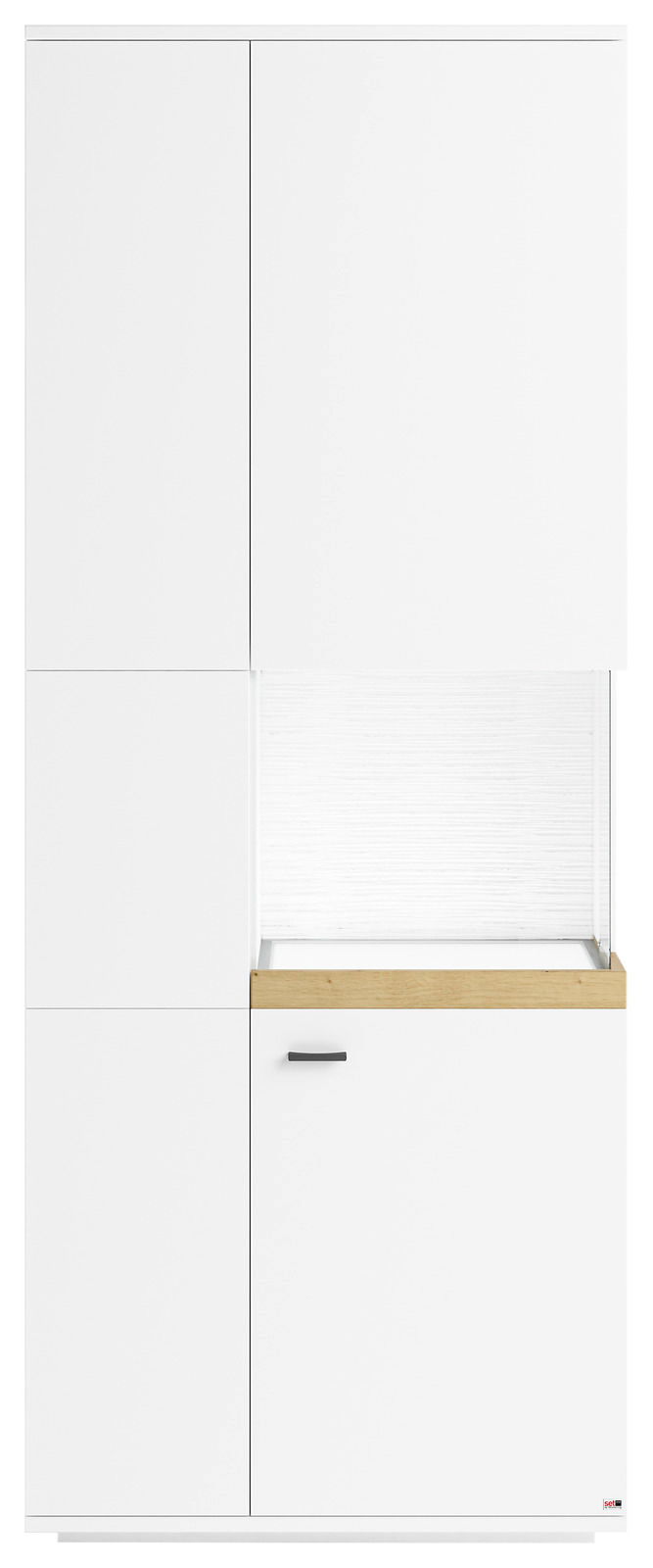 Vitrine mit Glasausschnitt rechts, weiße Fronten, Holzleiste, Frontalansicht