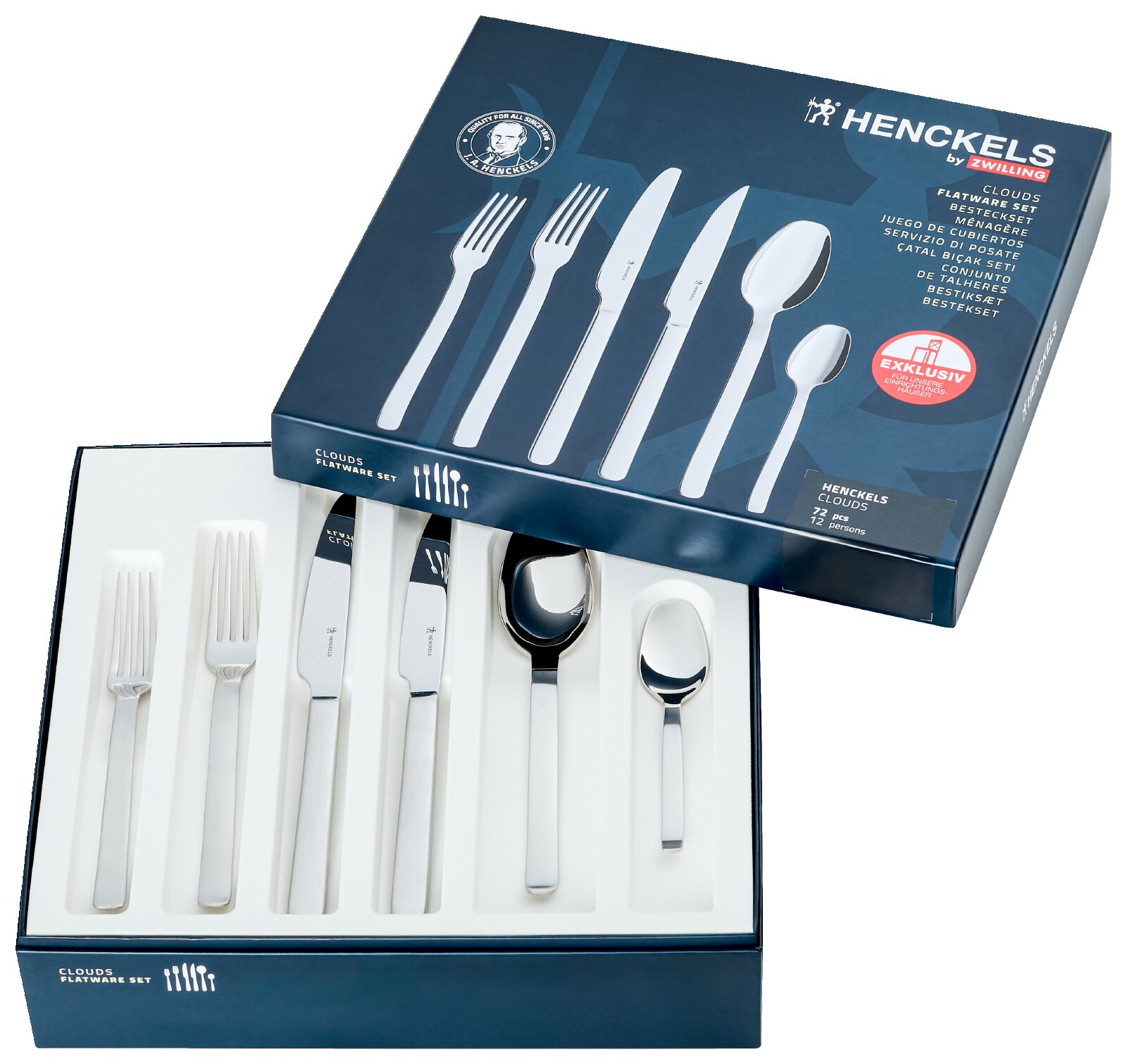 Henckels by Zwilling Besteckset „Clouds“ (72-teilig für 12 Personen) in geöffneter Geschenkbox mit glänzendem Edelstahl-Besteck, schräg von oben fotografiert