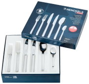 Henckels by Zwilling Besteckset „Clouds“ (72-teilig für 12 Personen) in geöffneter Geschenkbox mit glänzendem Edelstahl-Besteck, schräg von oben fotografiert