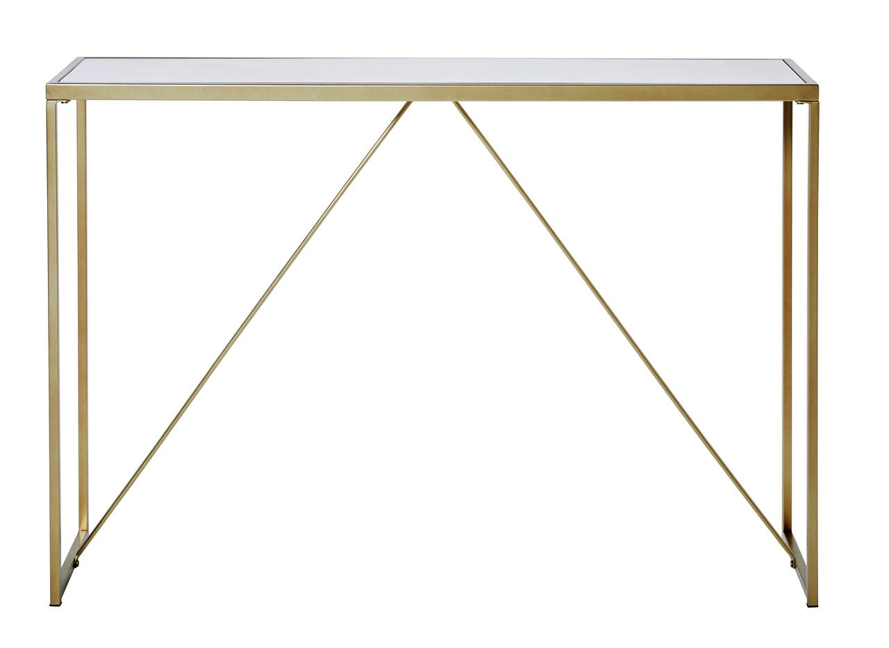 Moderner Konsolentisch mit goldfarbenem Metallrahmen und Glasplatte, frontal betrachtet.