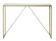Moderner Konsolentisch mit goldfarbenem Metallrahmen und Glasplatte, frontal betrachtet.