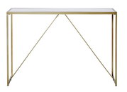 Moderner Konsolentisch mit goldfarbenem Metallrahmen und Glasplatte, frontal betrachtet.