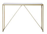 Moderner Konsolentisch mit goldfarbenem Metallrahmen und Glasplatte, frontal betrachtet.
