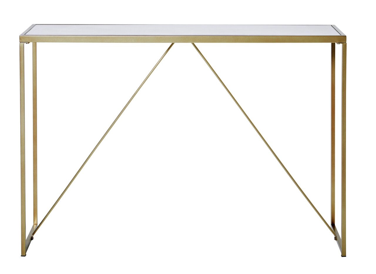 Moderne consoletafel met goudkleurig metalen frame en glazen blad, gezien vanaf de voorkant.