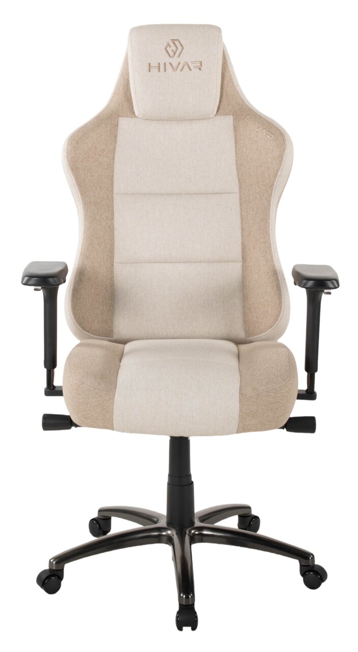 Beiger Gaming-Stuhl mit ergonomischem Design, verstellbaren Armlehnen und stabiler Basis, Vorderansicht.