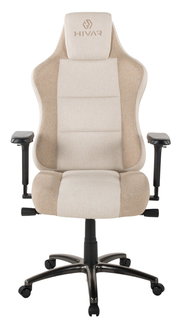 Beiger Gaming-Stuhl mit ergonomischem Design, verstellbaren Armlehnen und stabiler Basis, Vorderansicht.