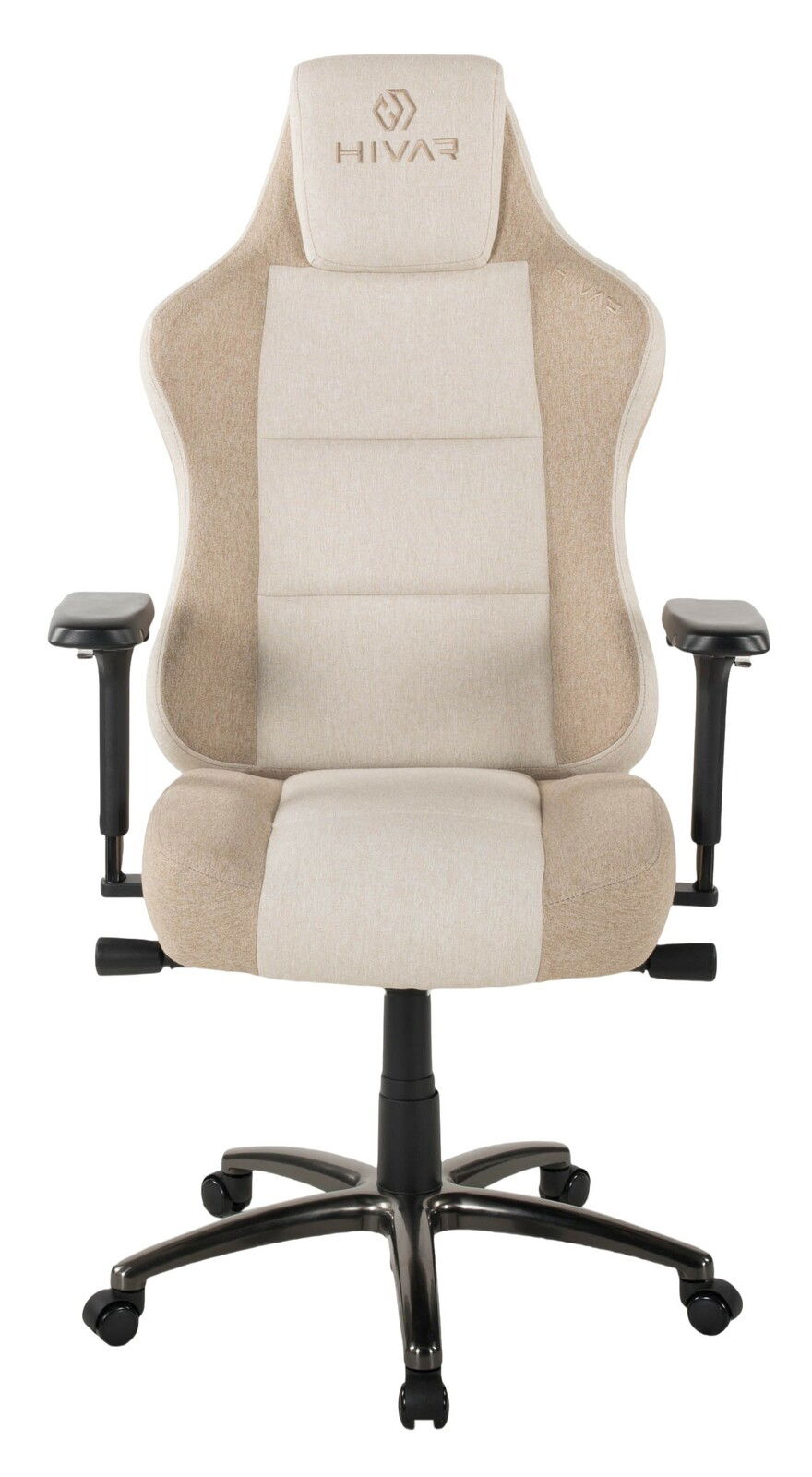 Beiger Gaming-Stuhl mit ergonomischem Design, verstellbaren Armlehnen und stabiler Basis, Vorderansicht.