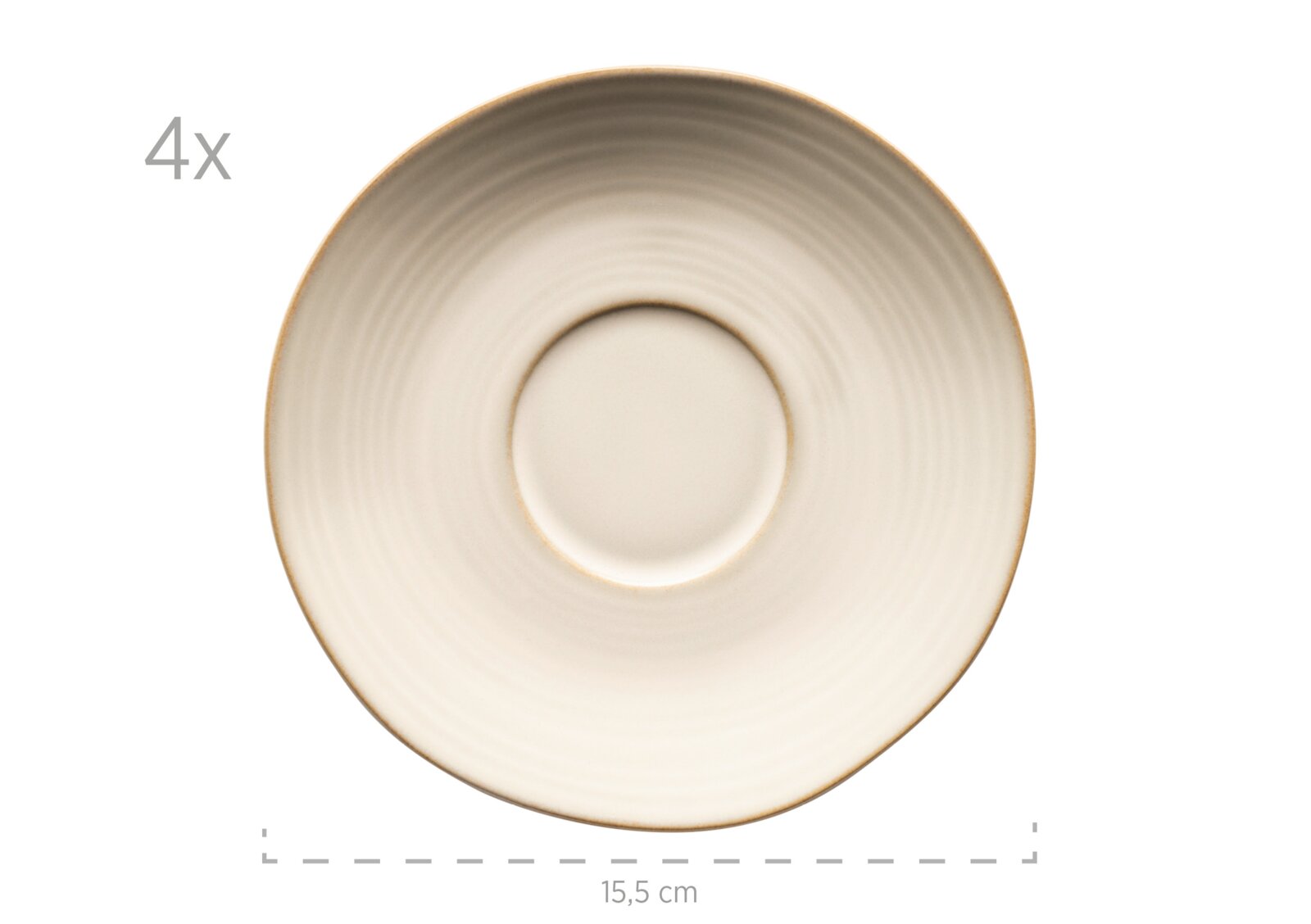Runde Untertasse in Creme/Beige mit braunem Rand und feiner Rillenstruktur, Durchmesser ca. 15,5 cm, Ansicht von oben (Draufsicht)