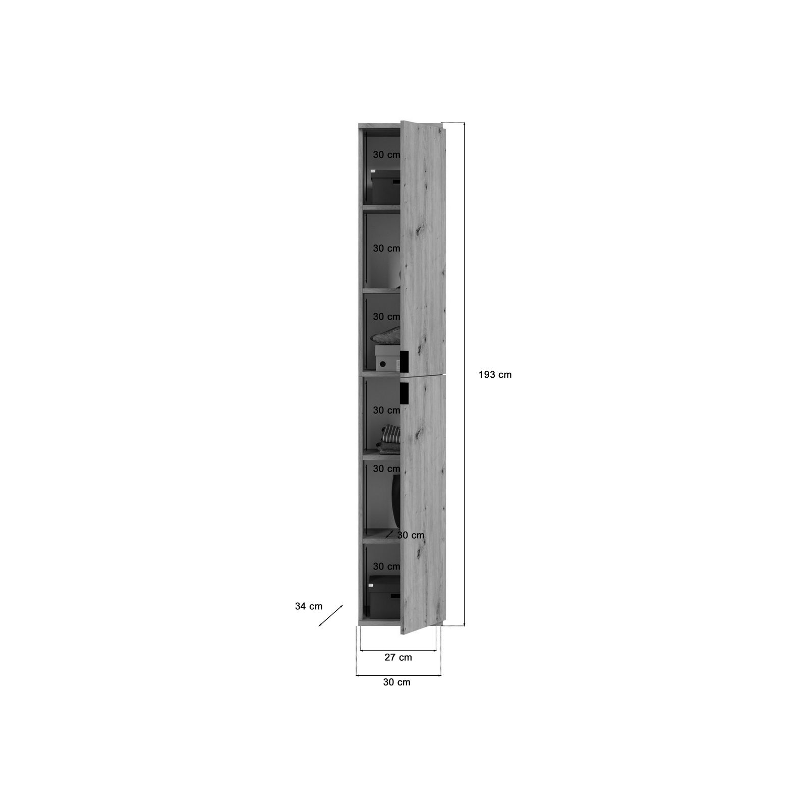 Hochschrank mit Holzoptik, seitliche Perspektive, Maße: 193 cm hoch, 34 cm tief, 30 cm breit, mit mehreren Fächern.