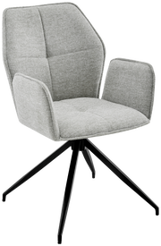 Grauer Armlehnstuhl mit modernem Design und schwarzem Metallgestell, seitliche Perspektive