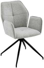 Grauer Armlehnstuhl mit modernem Design und schwarzem Metallgestell, seitliche Perspektive