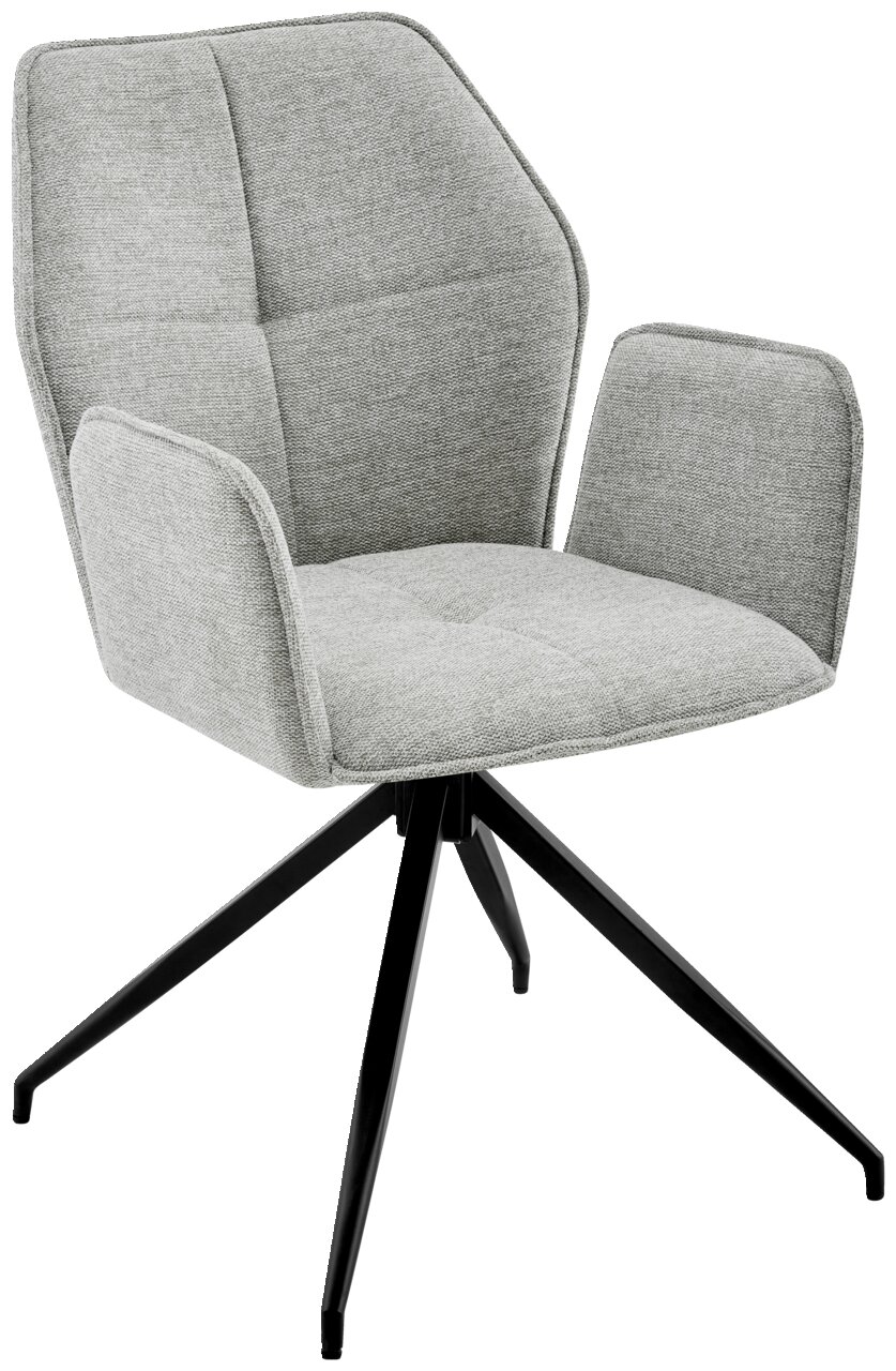 Grauer Armlehnstuhl mit modernem Design und schwarzem Metallgestell, seitliche Perspektive