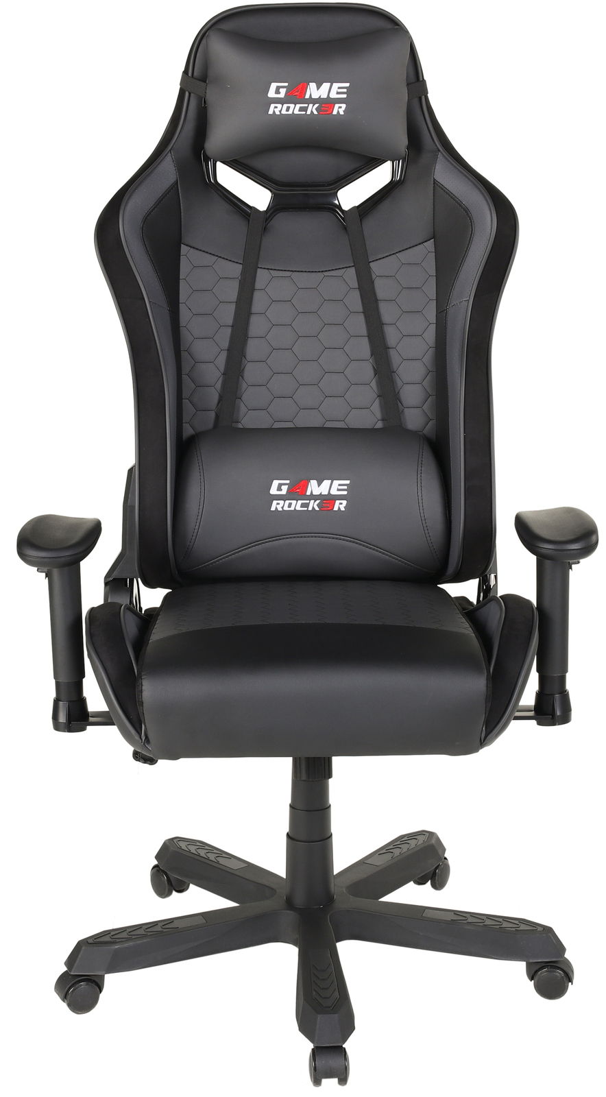 Schwarzer Gaming Stuhl mit ergonomischem Design und verstellbaren Armlehnen, Vorderansicht