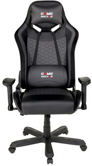 Schwarzer Gaming Stuhl mit ergonomischem Design und verstellbaren Armlehnen, Vorderansicht