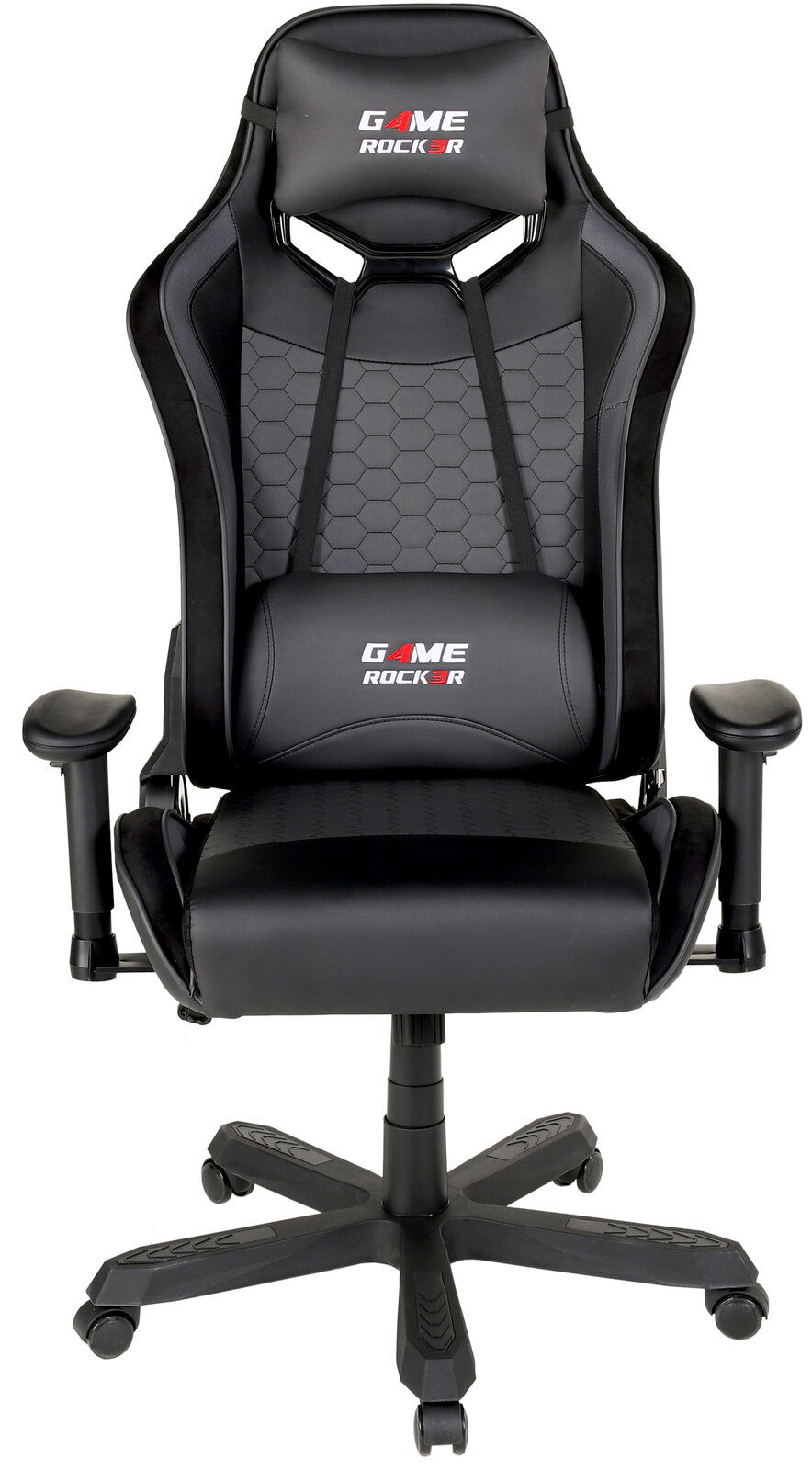 Schwarzer Gaming Stuhl mit ergonomischem Design und verstellbaren Armlehnen, Vorderansicht