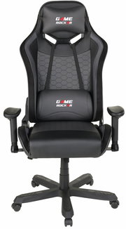 Schwarzer Gaming Stuhl mit ergonomischem Design und verstellbaren Armlehnen, Vorderansicht