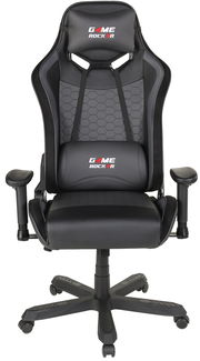 Schwarzer Gaming Stuhl mit ergonomischem Design und verstellbaren Armlehnen, Vorderansicht