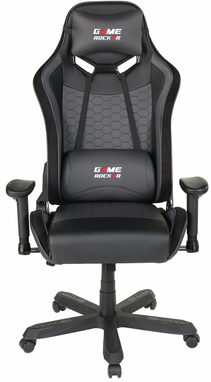 Schwarzer Gaming Stuhl mit ergonomischem Design und verstellbaren Armlehnen, Vorderansicht