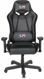 Schwarzer Gaming Stuhl mit ergonomischem Design und verstellbaren Armlehnen, Vorderansicht
