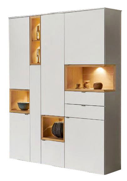 Moderne Vitrine mit mehreren Fächern und integrierter Beleuchtung, seitliche Perspektive