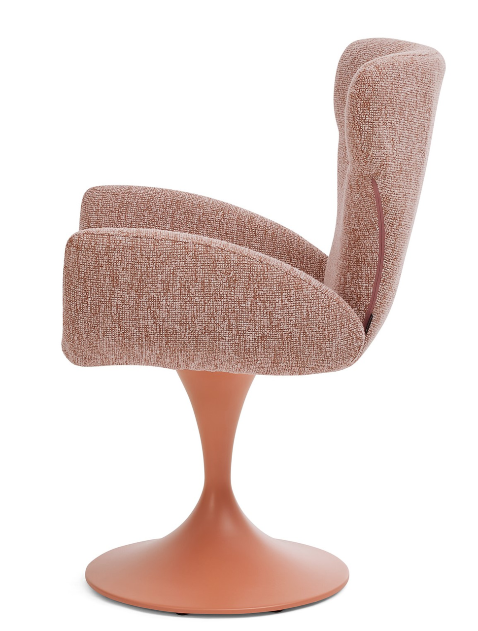 Seitenansicht eines modernen Armlehnstuhls mit drehbarem Fuß in Terrakotta-Farbe und gepolstertem Stoffbezug.