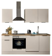 Moderner Küchenblock 220 mit Herd, Dunstabzugshaube, Spüle und Schränken, frontale Ansicht.