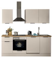 Moderner Küchenblock 220 mit Herd, Dunstabzugshaube, Spüle und Schränken, frontale Ansicht.