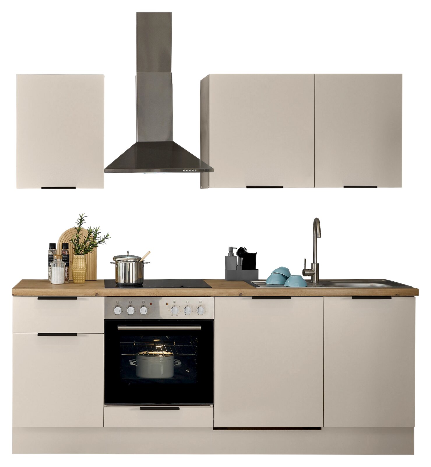 Moderner Küchenblock 220 mit Herd, Dunstabzugshaube, Spüle und Schränken, frontale Ansicht.