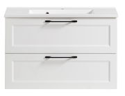 Frontansicht eines weißen Waschtisch-Sets mit zwei Schubladen und schwarzen Griffen.