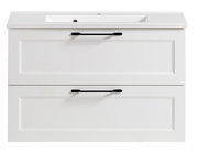 Frontansicht eines weißen Waschtisch-Sets mit zwei Schubladen und schwarzen Griffen.