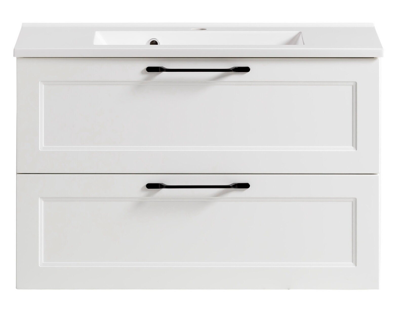 Frontansicht eines weißen Waschtisch-Sets mit zwei Schubladen und schwarzen Griffen.