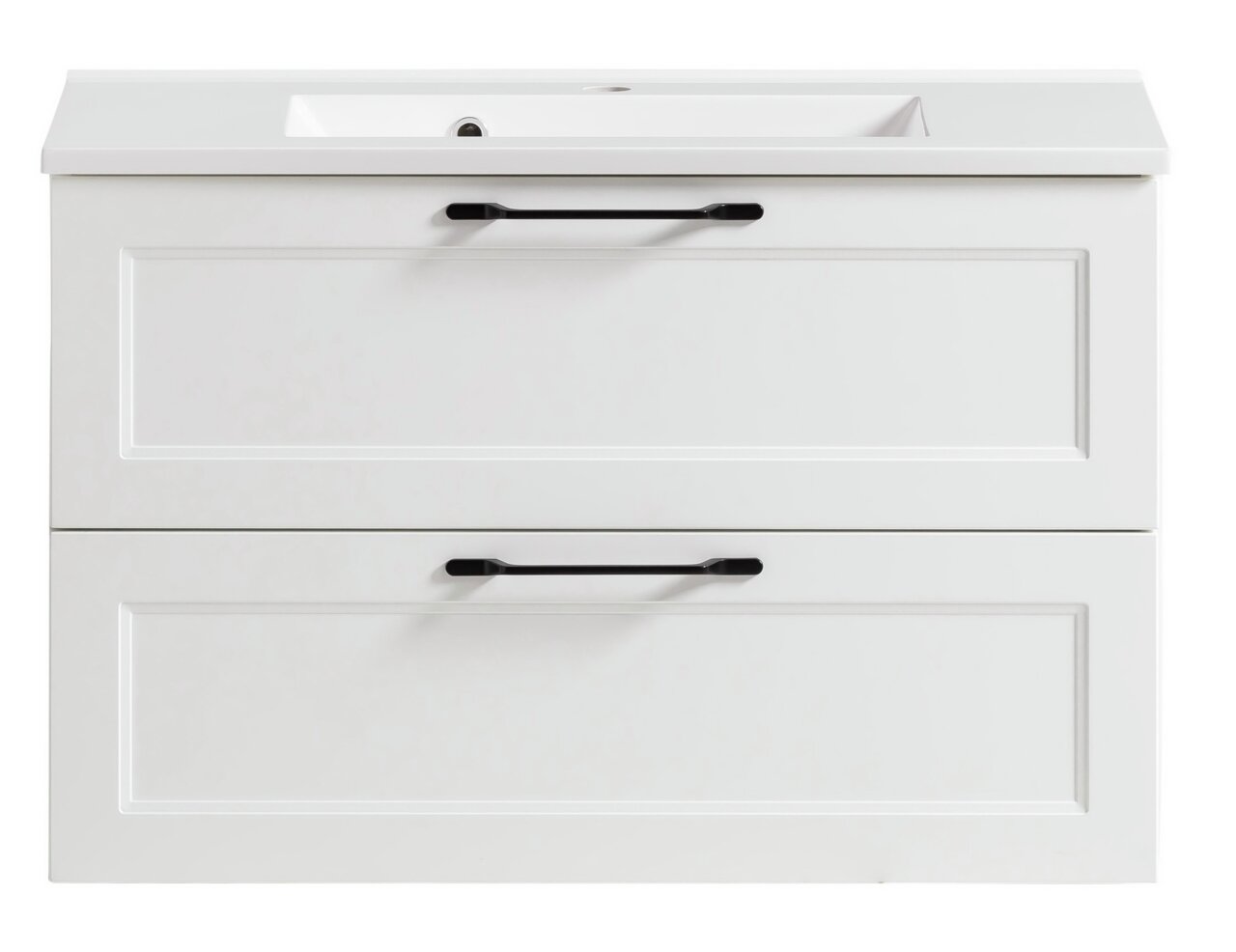 XORA Waschtisch-Set MERAN Frontansicht eines weißen Waschtisch-Sets mit zwei Schubladen und schwarzen Griffen.