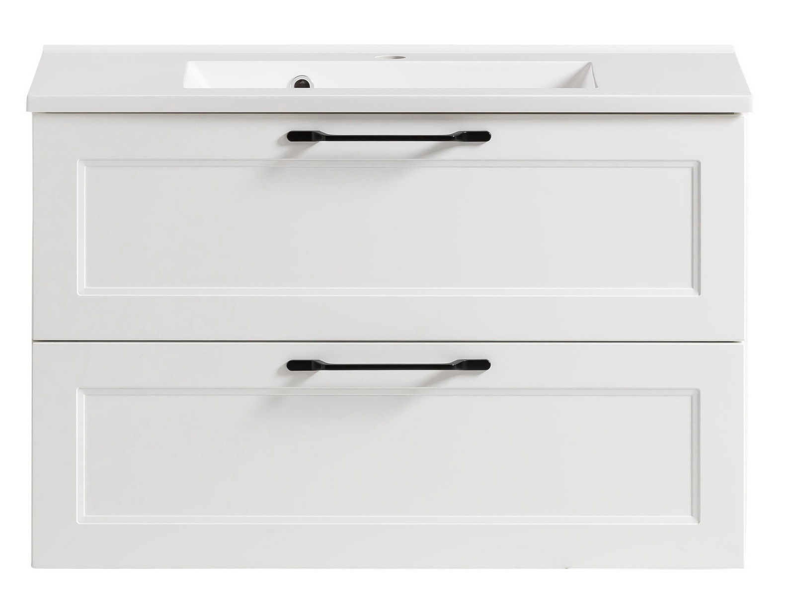 Frontansicht eines weißen Waschtisch-Sets mit zwei Schubladen und schwarzen Griffen.