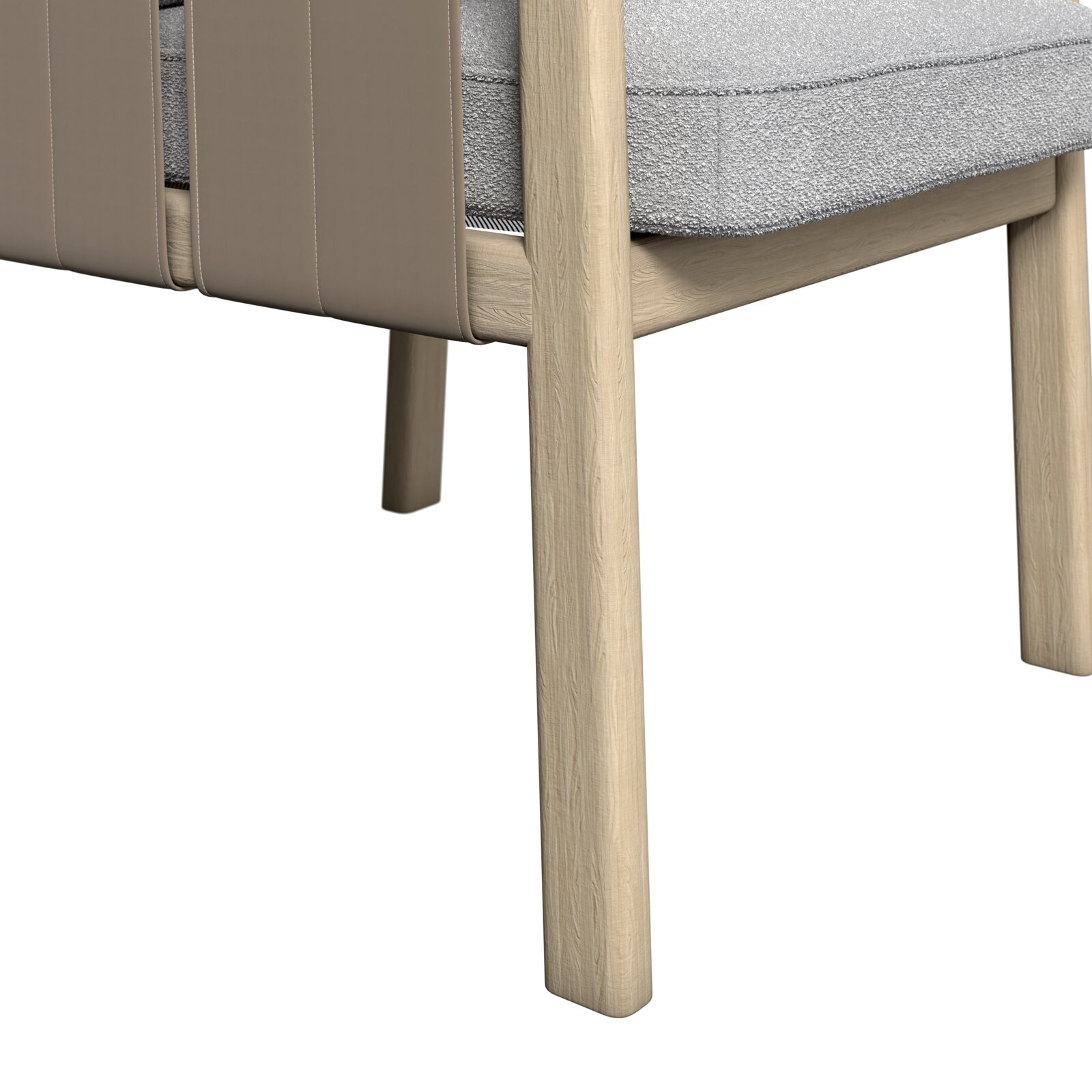 Close-up van een fauteuil met lichte houten poten en grijze bekleding, gezien vanaf de zijkant