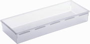 Transparente Kunststoffbox, rechteckig, mit Deckel, aus seitlicher Perspektive fotografiert.