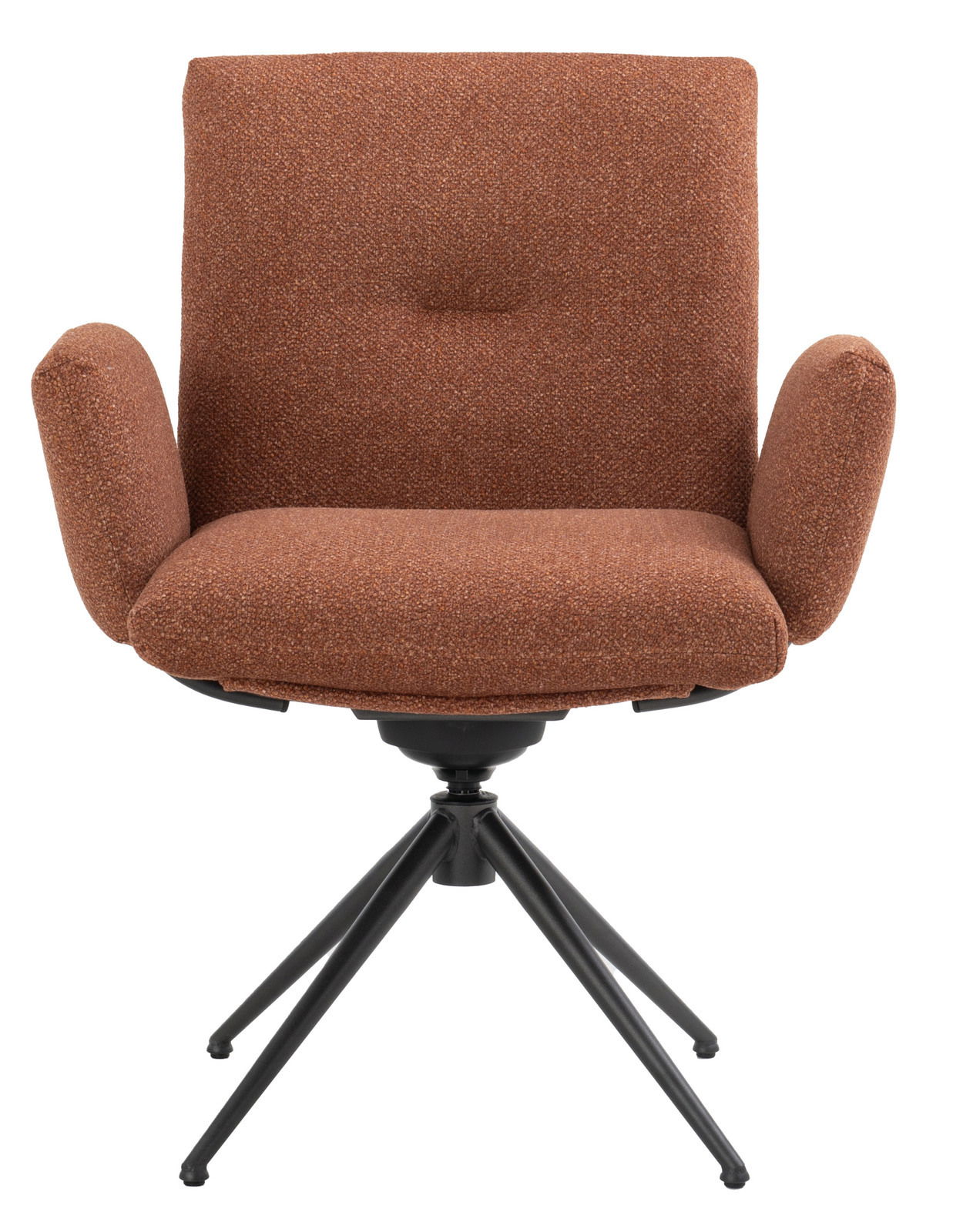 Brauner Armlehnstuhl mit vier schwarzen Metallbeinen, Frontalansicht