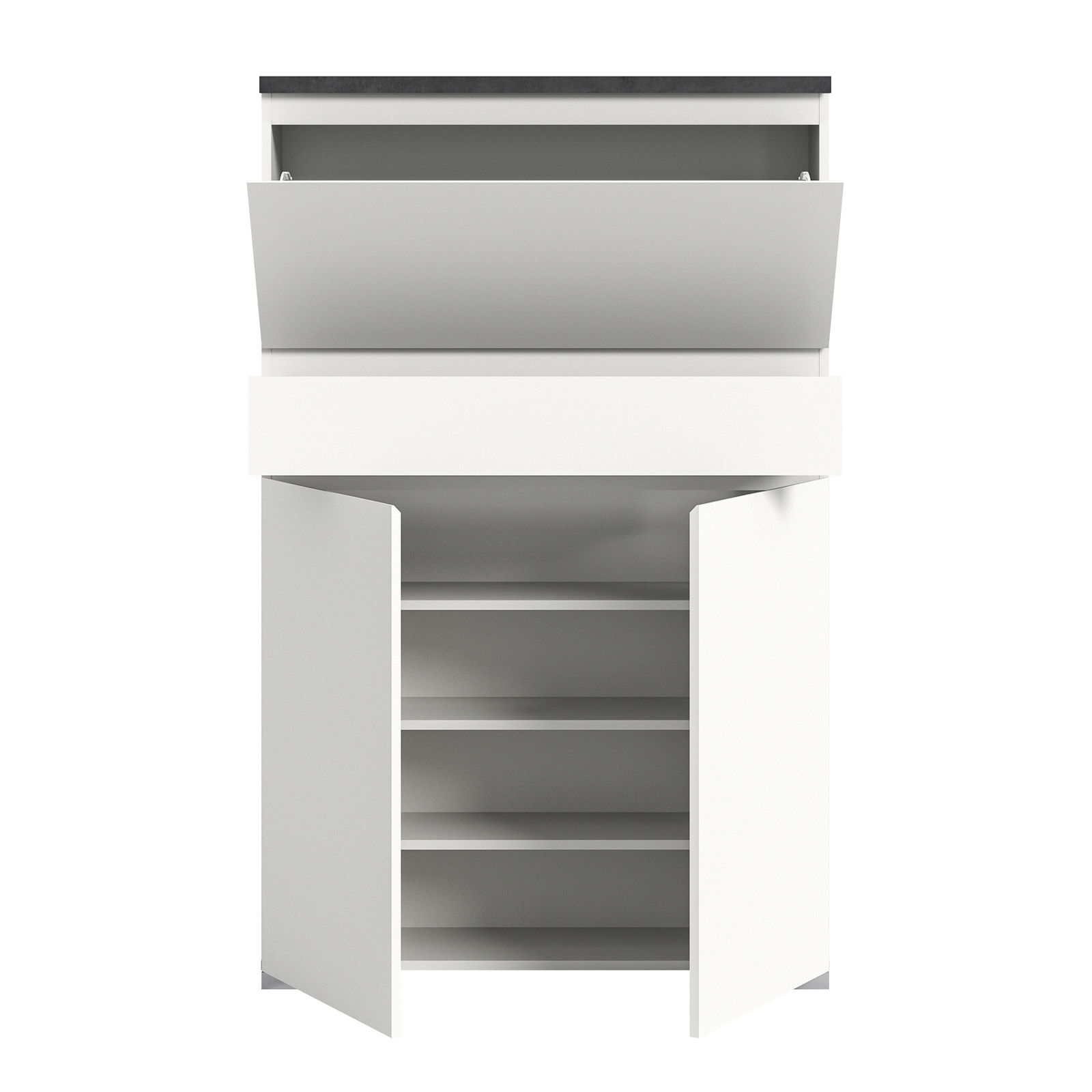 Weißer Schuhschrank mit offenem Klappfach oben und zwei geöffneten Türen unten, frontal betrachtet.