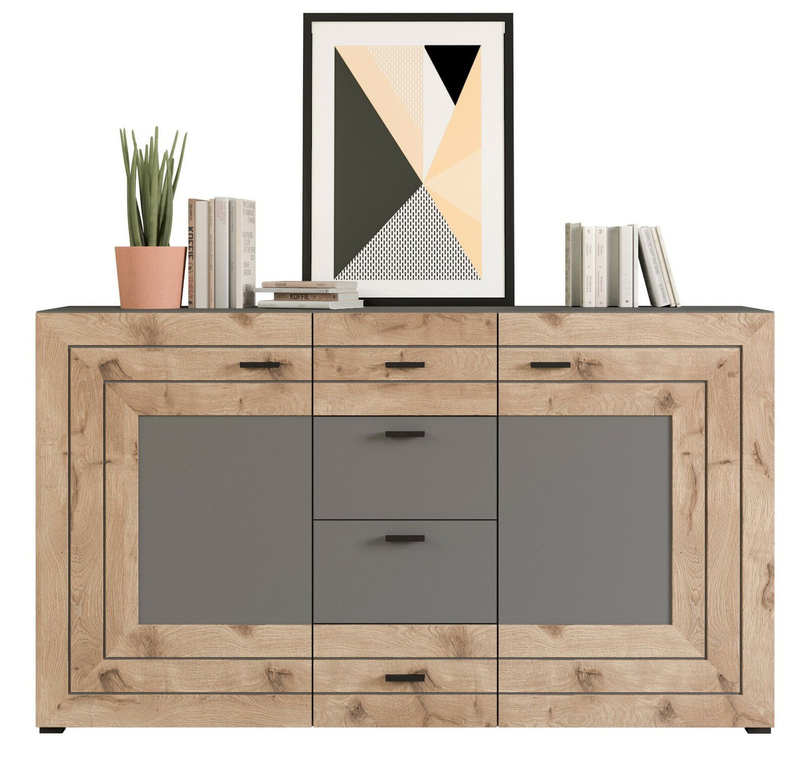 Modernes Sideboard aus Holz mit grauen Akzenten, dekoriert mit Büchern, einer Pflanze und einem geometrischen Kunstwerk, Frontalansicht.