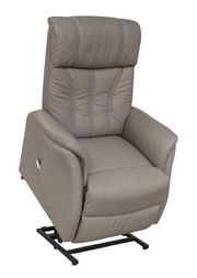 Beiger Fernsehsessel in Frontalansicht mit hochgeklappter Fußstütze und gepolsterter Rückenlehne.