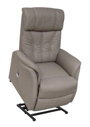 Beiger Fernsehsessel in Frontalansicht mit hochgeklappter Fußstütze und gepolsterter Rückenlehne.